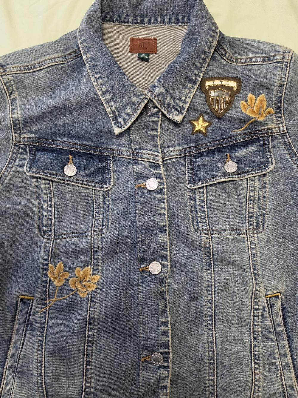 Lauren Ralph Lauren Light Blue Denim Jacket with Gold Embroidery & Patch Details